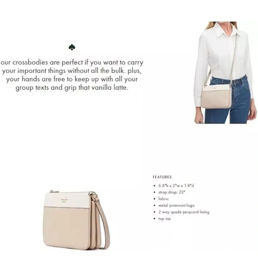 Kate Spade Crossbody Leather Purse Beige Tan Cream Leila triple gusset handbag